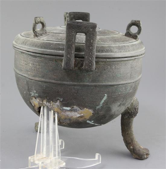 A Chinese archaic bronze ritual food vessel and cover, Dui, Warring States period, 4th-2nd century B.C., 25cm high, 27cm wide, damage